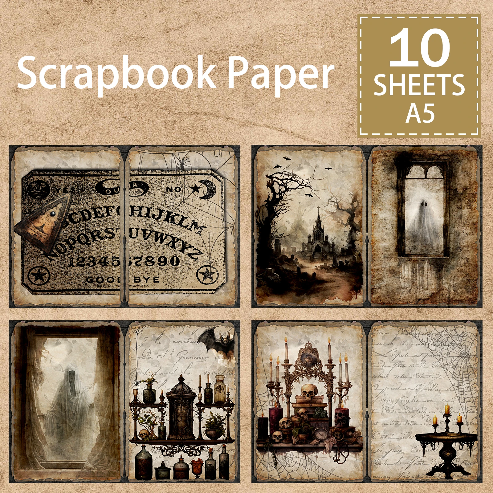10 Sheets A5 Size Halloween Nameplate Castle Key Ghost Background Vintage Grunge Journal Planning Scrapbooking
