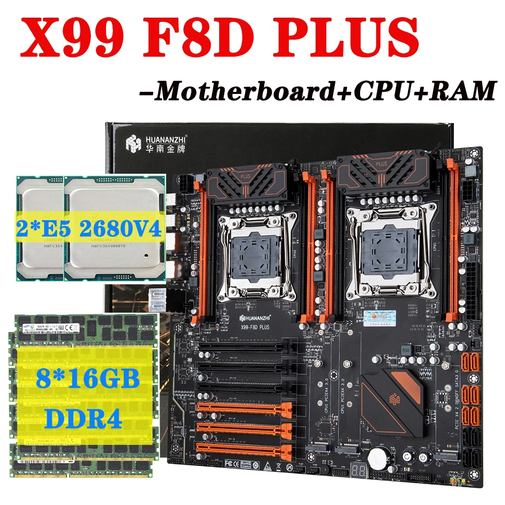 X99 F8D PLUS Motherboard Set Processor LGA 2011-3 With E5 2680 V4*2 Kit 8*16G=128GB DDR4 2400Mhz RAM Memory Support M.2 NVME