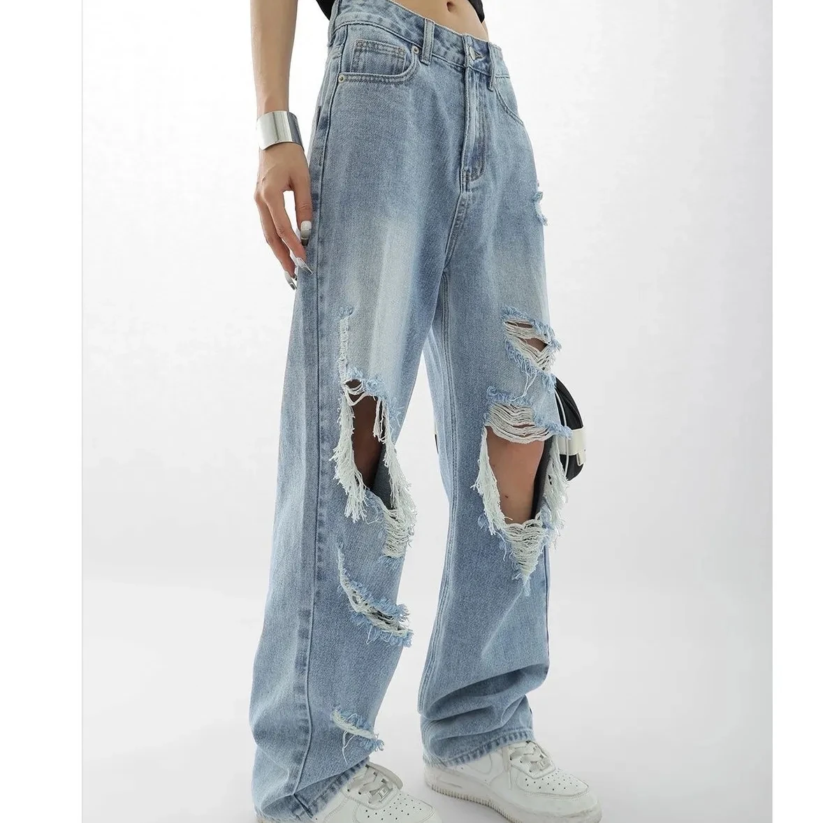Vintage Streetwear Jeans Women High Waist Ripped Denim Trousers Female Straight Leg Jeans Woman Hole Loose Wide Leg Pants