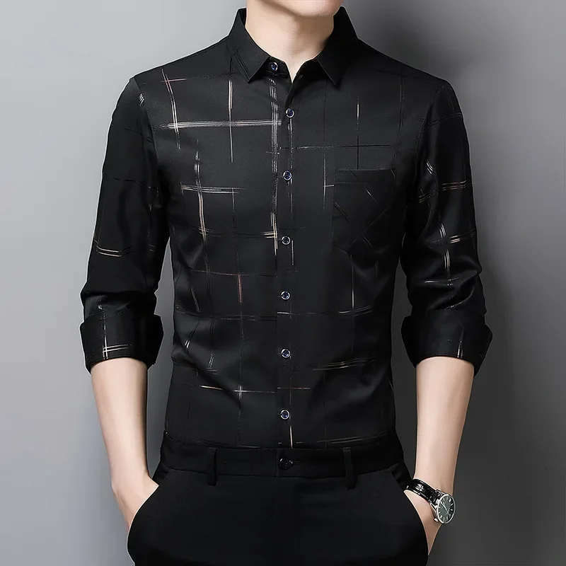 Shirt Men Long sleeved Quality Elastic Gold Stamped Non iron Business Fashion Casual