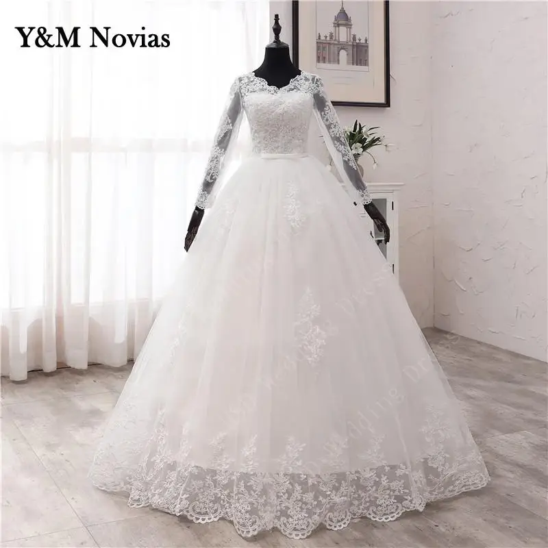 New Spring Lace Appliques Wedding Dresses Long Sleeve Vestidos De Novia 2023 White V-Neck Princess Bride Wedding Gowns Plus Size