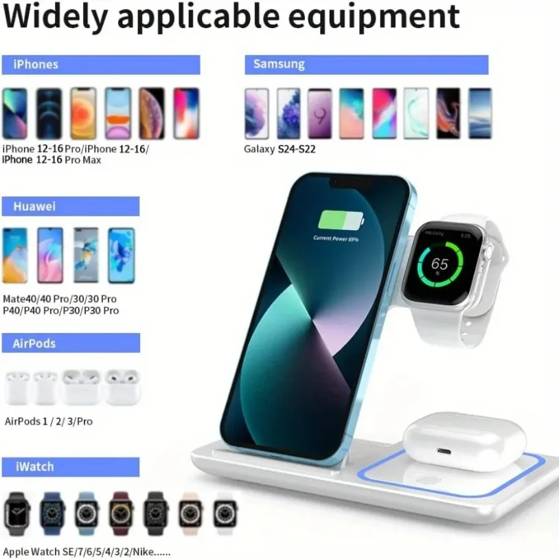 100W 3 in 1 Night Light Wireless Charger Stand For iPhone 16 15 14 13 12 Apple Watch Airpods Pro Foldable Fast Charging Station