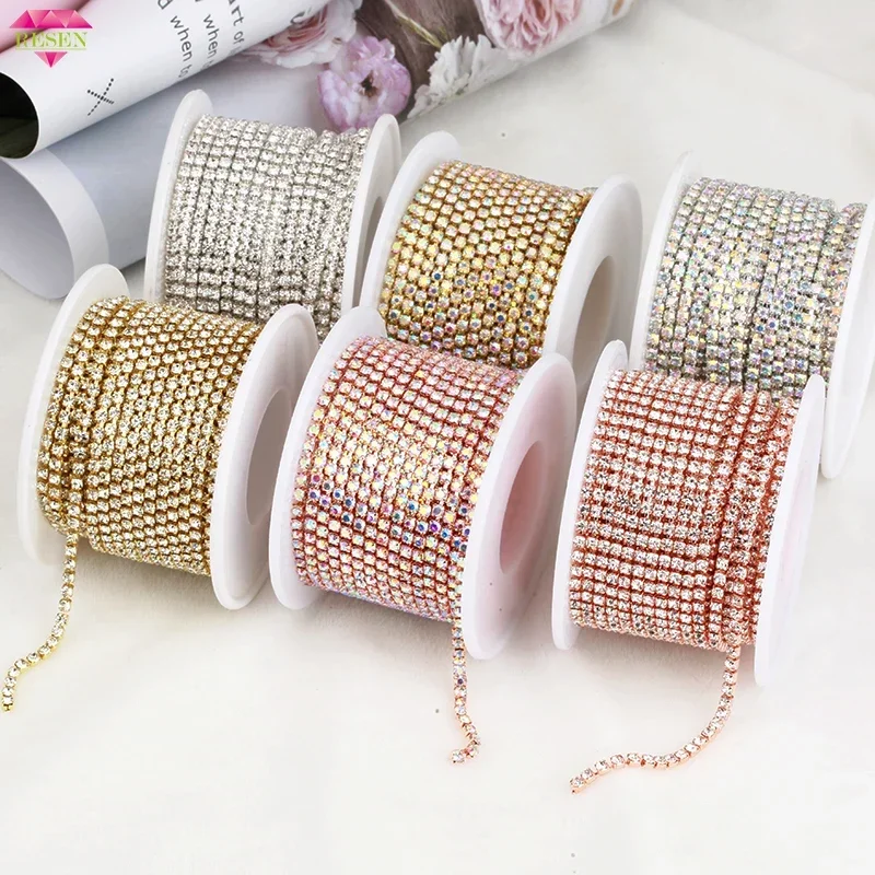 RESEN SS6-SS18(2mm-4.5mm)Silver/Gold Base Clear Crystal Dense Rhinestone Chain Apparel Sewing Glass Rhinestone Cup Chain Crystal rhinestone chain sew on rhinestones clear glass rhinestones crystal rhinestones glass rhinestones sewing rhinestones rhinestone crystals rhinestones beads