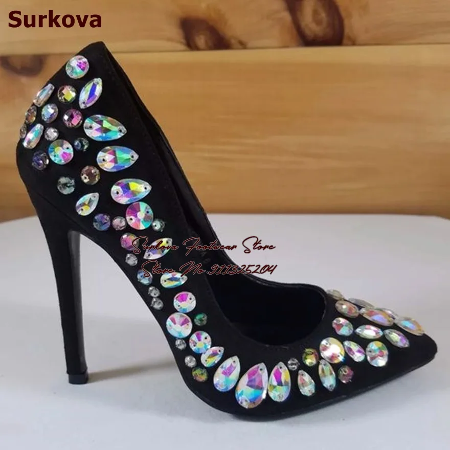 

Surkova Hologram Iridescent Droplet shaped Crystal Wedding Shoes Black Suede Stilettos Bling Bling Diamond String Beaded Pumps