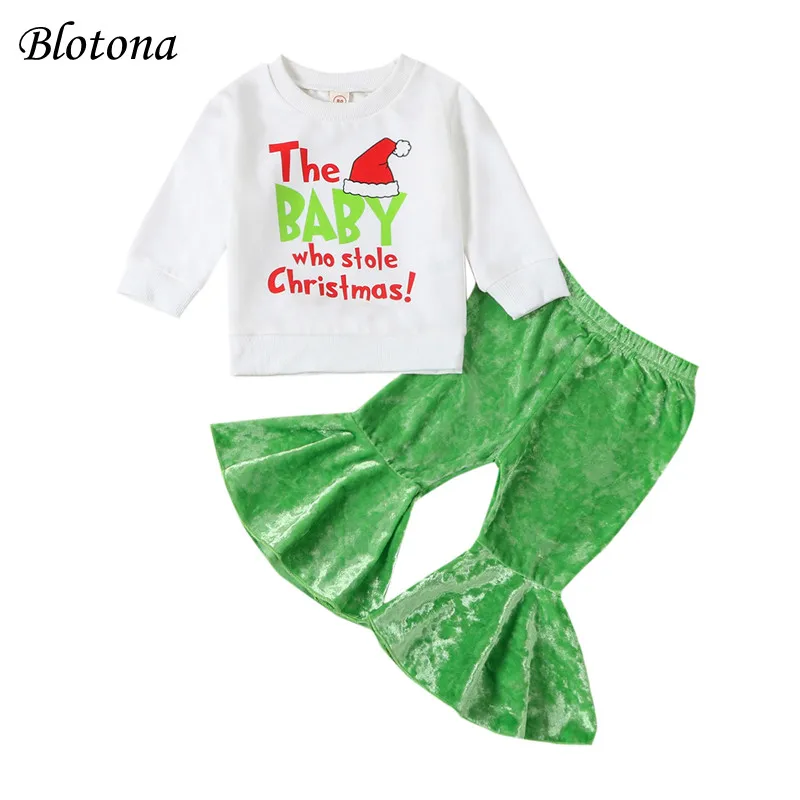 

Blotona Kids Girls Fall Outfits Letter Santa Hat Print Crew Neck Sweatshirts Green Flare Pants 2Pcs Christmas Clothes Set 6M-4Y