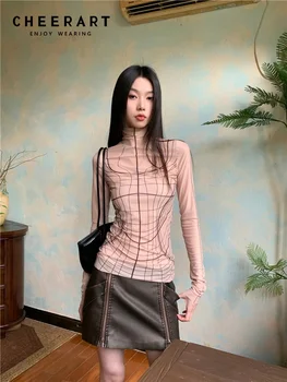 CHEERART Designer Mesh Long Sleeve Top Woman 2024 Turtleneck T Shirts Nude See Through Top Fashion Tees Clothes 1