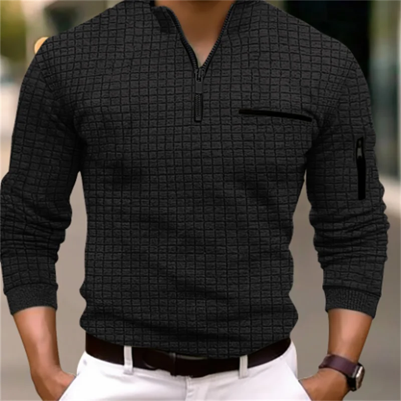 Spring and Autumn men's fashion shirt checkerboard checkered POLO shirt arm zipper casual sports clothing shirt T-shirt top