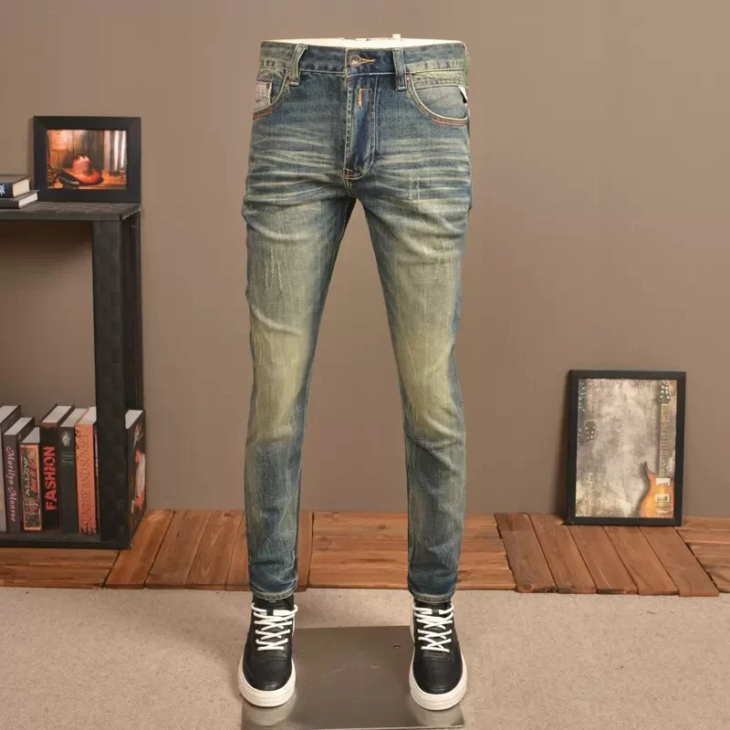 fashion vintage men jeans high quality retro washed black blue stretch slim fit ripped jeans men designer denim pants hombre Fashion Designer Men Jeans Retro Washed Stretch Slim Fit Ripped Jeans Men High Quality Italian Style Vintage Denim Pants Hombre