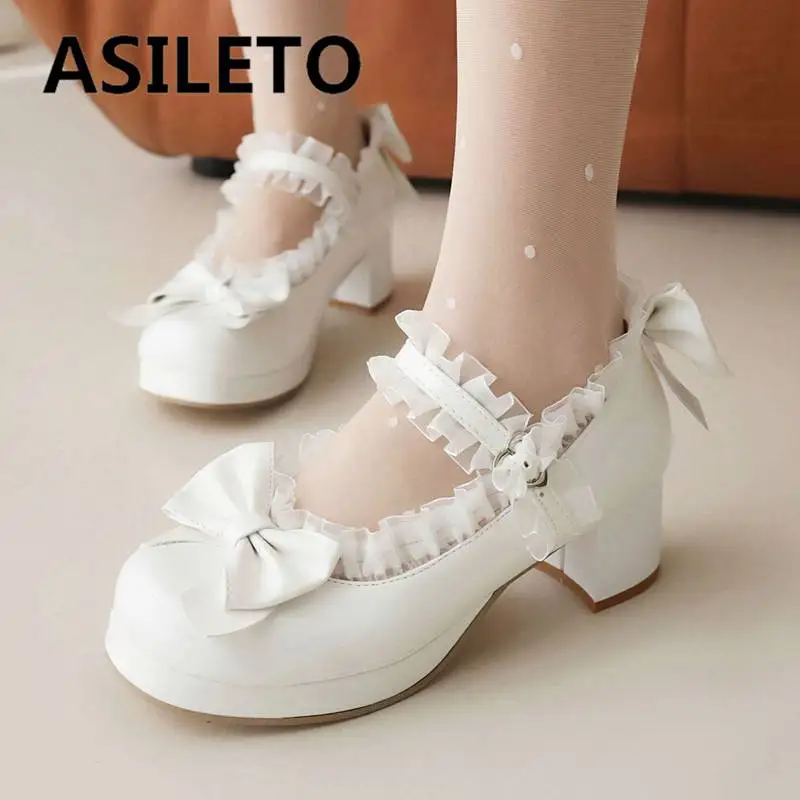 

ASILETO Lolita Pumps For Women Round Toe Block Heel 5cm Platform 1.5cm Buckle Strap Bowknot Lace Sweet Girls Shoes Big Size 48