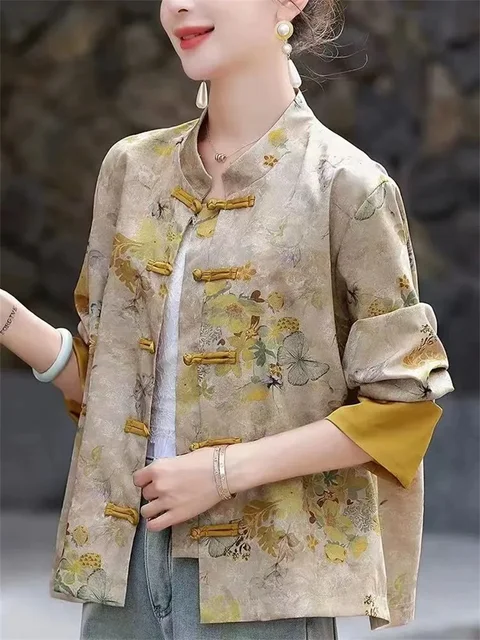 Vêtements pour femmes nouveau Style chinois haut Style chinois vêtements pour femmes haut boutonné veste imprimé manteau femme col rond chemise 1