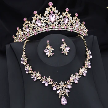 Princess Pink Crown Jewelry Sets for Girls Tiaras and Necklace Earrings Party Prom Wedding Jewelry Set Birthday Accessory 1