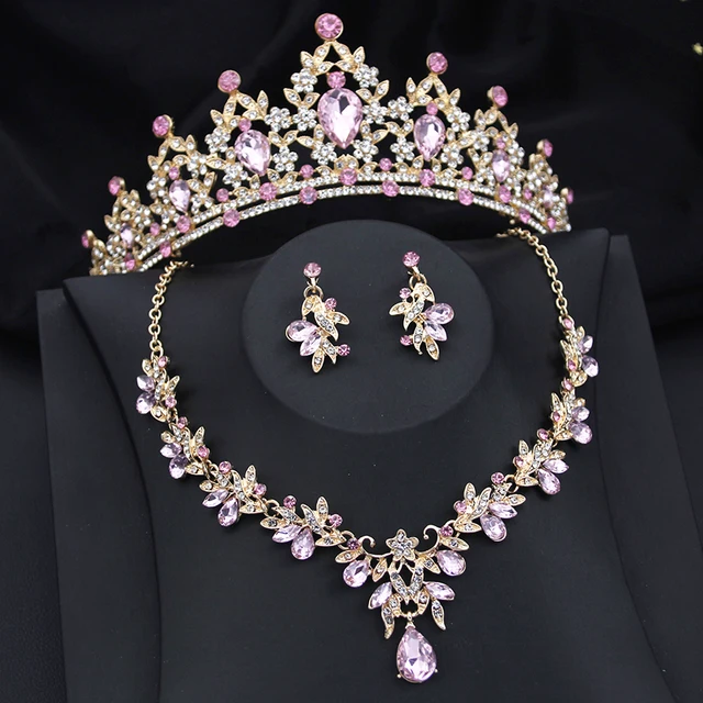 Princess Pink Crown Jewelry Sets for Girls Tiaras and Necklace Earrings Party Prom Wedding Jewelry Set Birthday Accessory