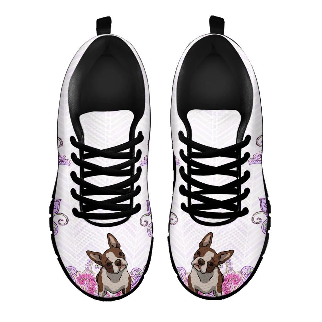 Fashion Lavender Bohemian Mandala Flower Design Boston Terrier Print Lightweight Outdoor Sneakers Lace Up Shoes