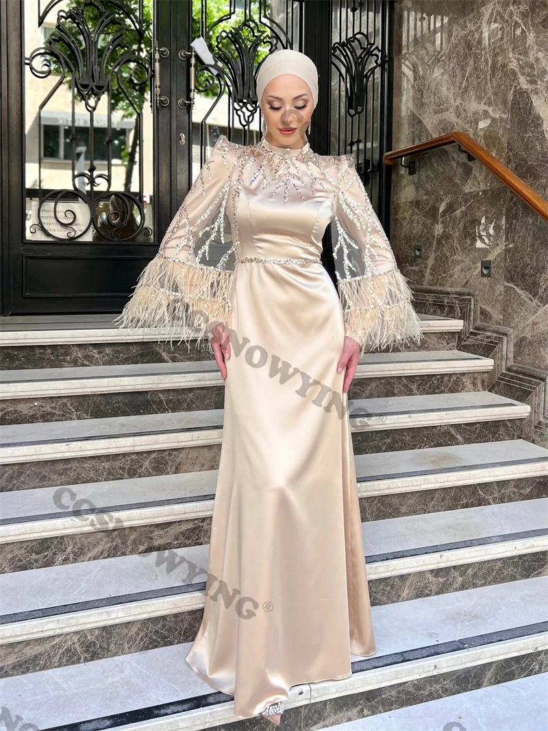 

Luxurious Appliques Lace Satin High Neck Long Sleeve Prom Dress Formal Occasion Dresses Arabic Dubai Kaftan