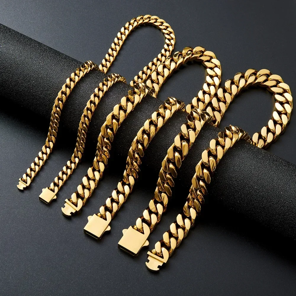 316 Stainless Steel Plated 18k Gold 8.10.12mm Encrypted Cuban Chain Rap Hip Hop Men Women Bracelet Necklace Accessories