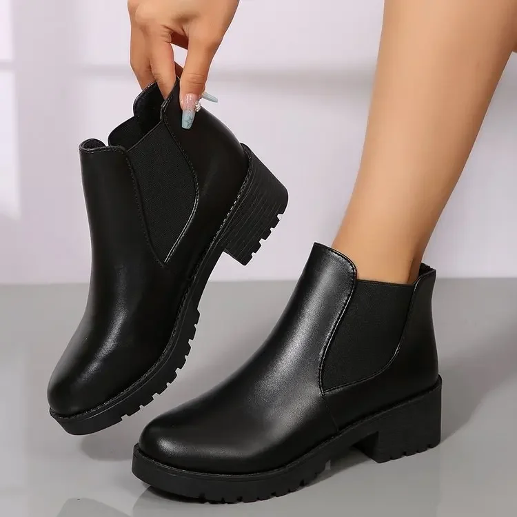 Women Boots Chunky Heel Platform British Style Thick Sole Increase Height Casual Chelsea Boots For Autumn And Winter Casual Wear