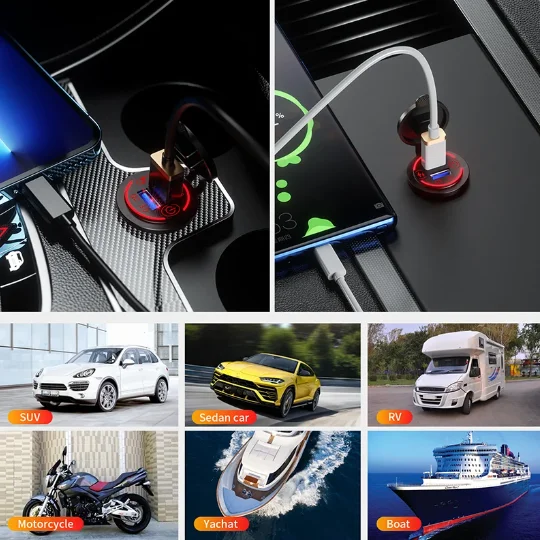 QC 3.0 듀얼 USB 급속 차량용 충전기 소켓 12V-24V 방수 터치 스위치 충전 어댑터 전원 소켓