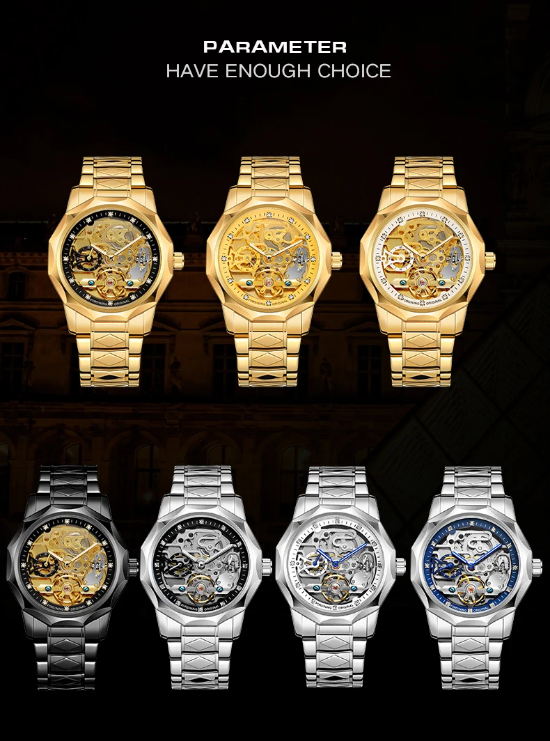 Forsining Classic Mechanical Watches Luxury 3D Diamond Skeleton Automatic Mens Watch Stainless Steel Strap Wristwatch Male Clock