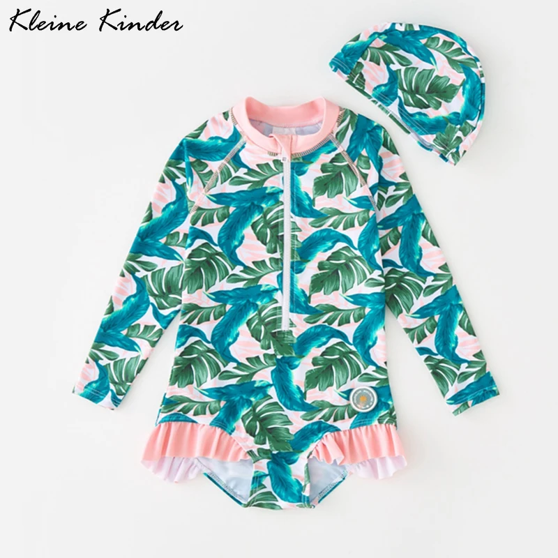 

Swimwear for Girls Long Sleeves Children's Swimsuit One-Piece Green Leaf UPF50 UV Protection Children Swimming Suit Bath Clothes