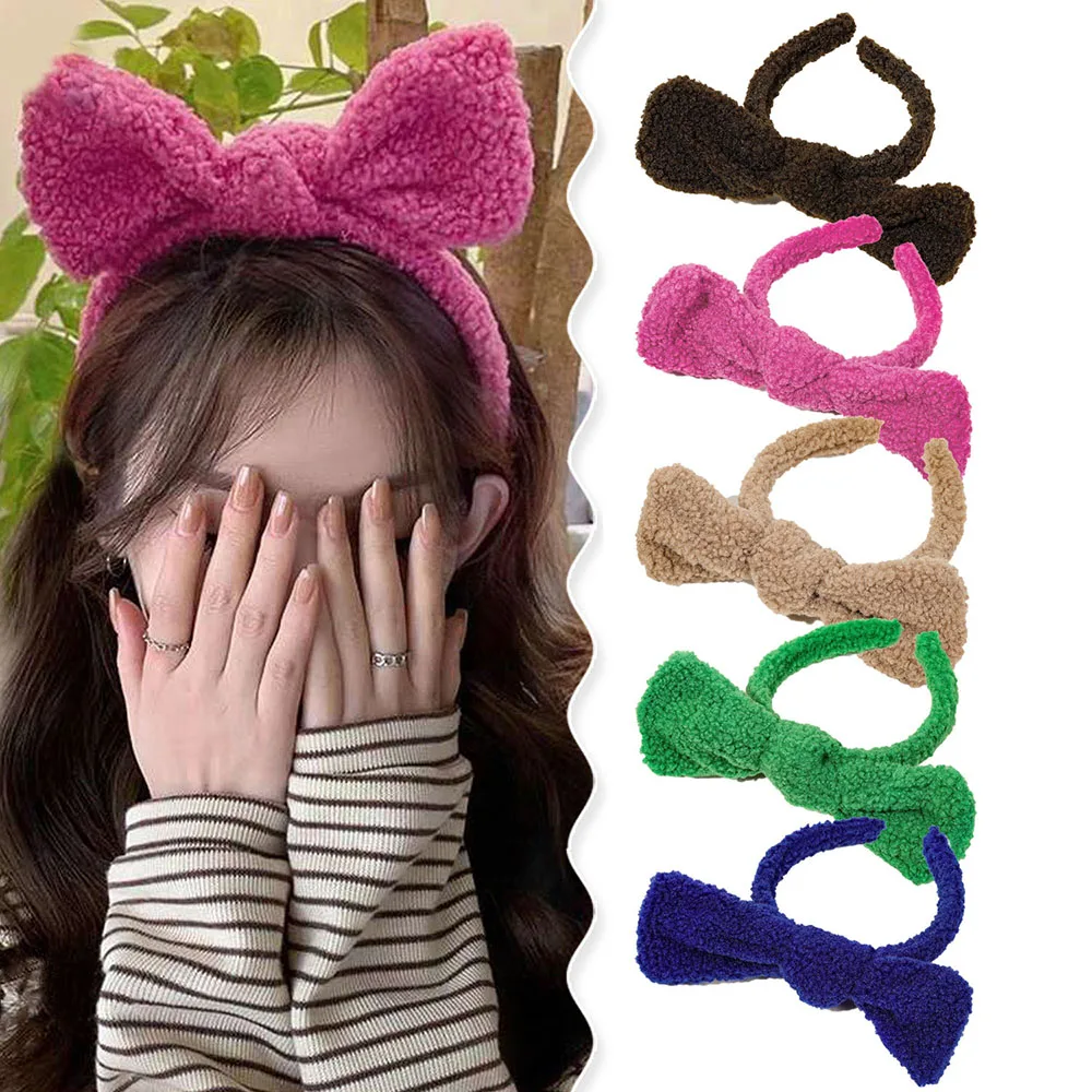 

Lamb Wool Big Bow Headband Wash Face Soft Warm Hairbands Bowknot Fluffy Hair Hoop Solid Color Plush Head Hoop Hair Accessories