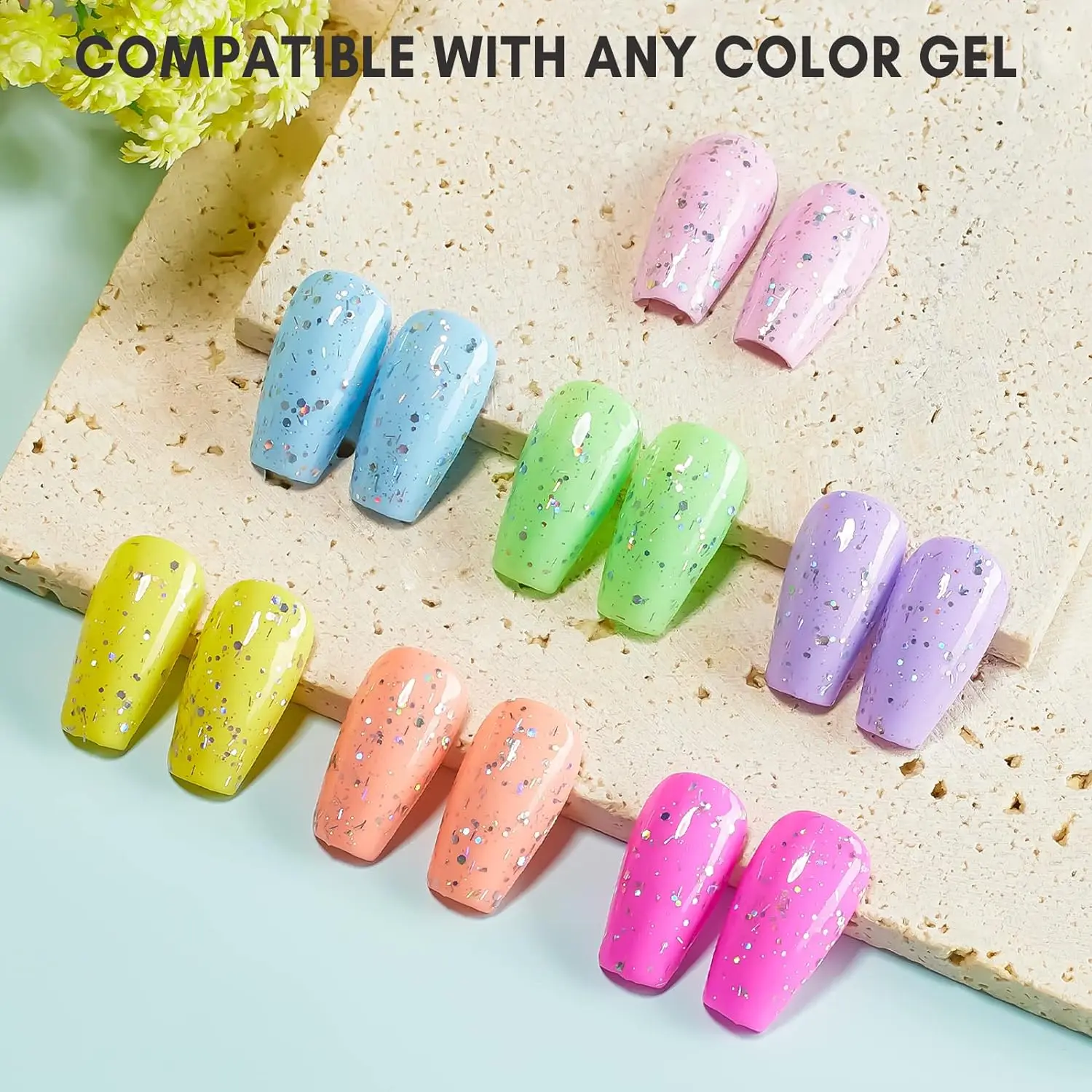 Glitter Gel Top Coat Nail Polish No Wipe Clear Glitter Gel Nail Polish Top Coat for Blooming Cat Eye Acrylic Powder