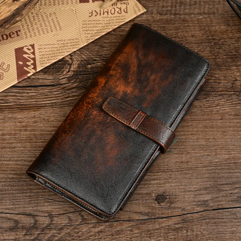 Vintage Distressed Leather Men's Wallet with Multiple Card Slots and Zipper Coin Pocket