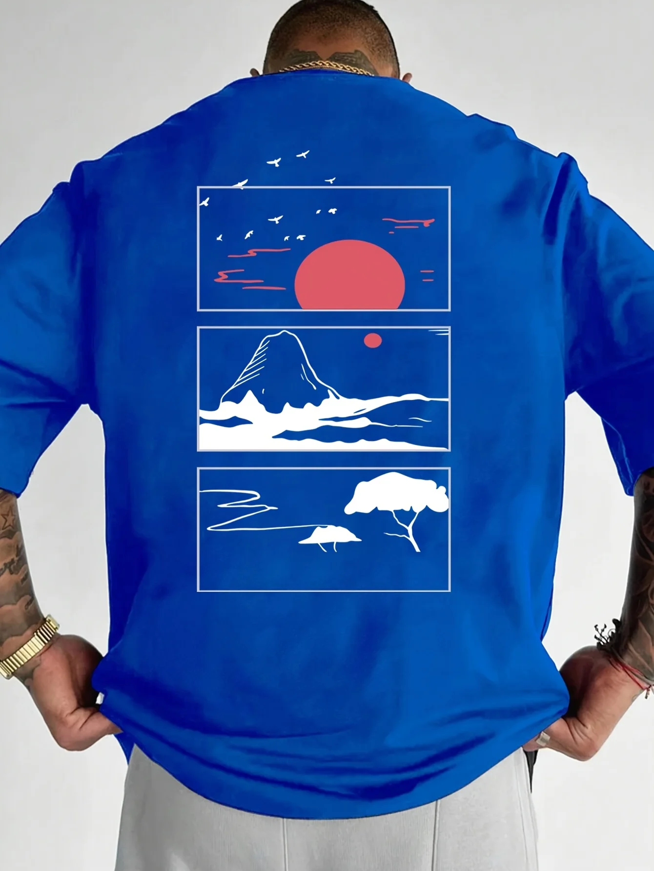 Japanisches Mount Fuji Sunrise Herren-T-Shirt mit Landschaftsmuster, großes Baumwoll-Kurzarm-Oberteil, Sommer-Streetwear – Detail 5