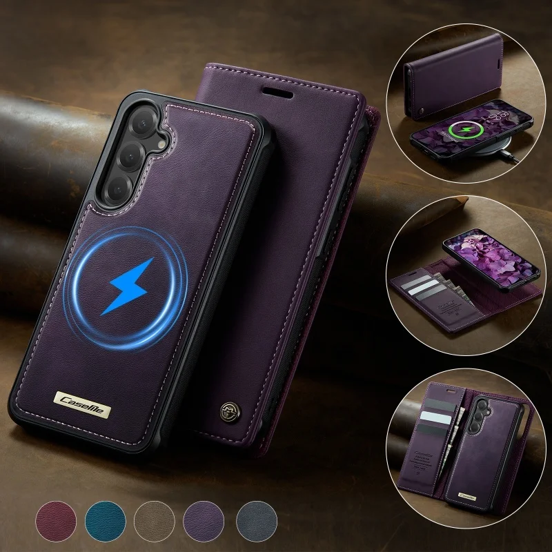 Magnetic Leather Flip Wallet Phone Case with Wireless Charging Compatibility