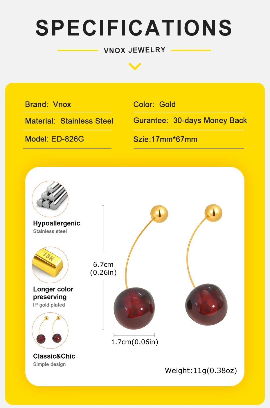 Vnox Vivid 3D-Kirsch-Ohrringe, modischer neuer süßer Obst-Ohrschmuck, 1 Paar trendiges Mädchen-Accessoire – Detail 4