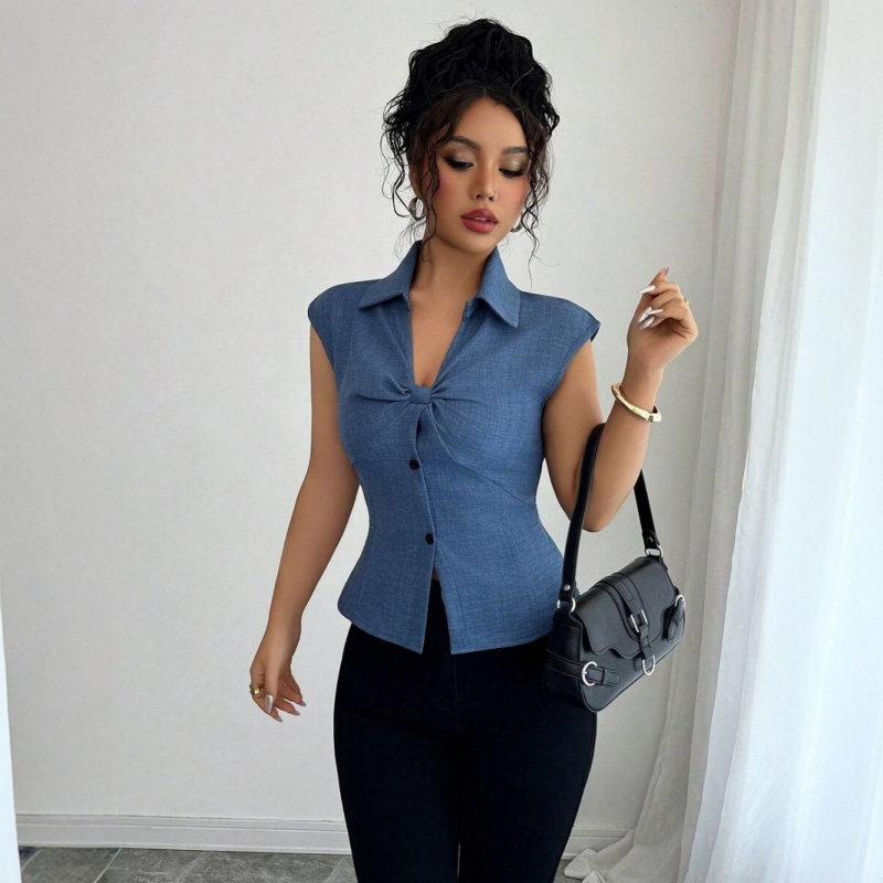 Women Summer Elegant Commute Blue Imitation Jean Slim Fit Top Lapel V-neck With Knot Front Button Flying Sleeve Office Top