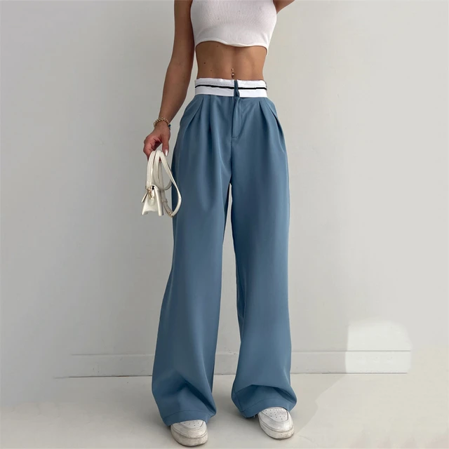 KONDALA Women Light Blue Chic Fashion Office Wear Straight Pants Vintage  High Waist Zipper Fly Female Trousers Fashion 2024 - AliExpress