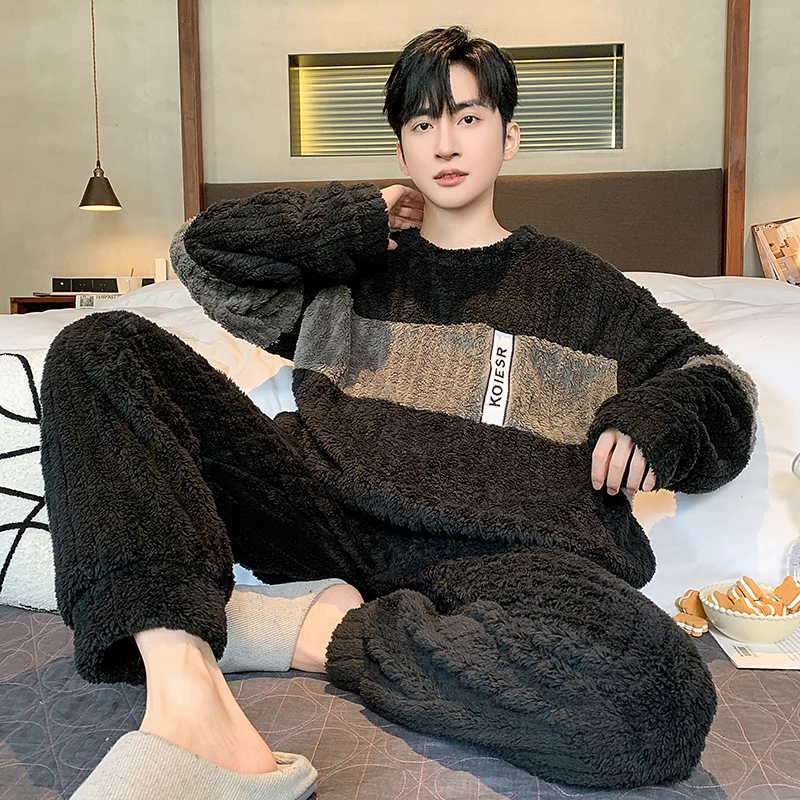 

Long Sleeve Pajamas for Men's Autumn Winter Home Wear Coral Plush Pajamas Long Plush Set Flannel Male Thicken Flannel Sleepwear