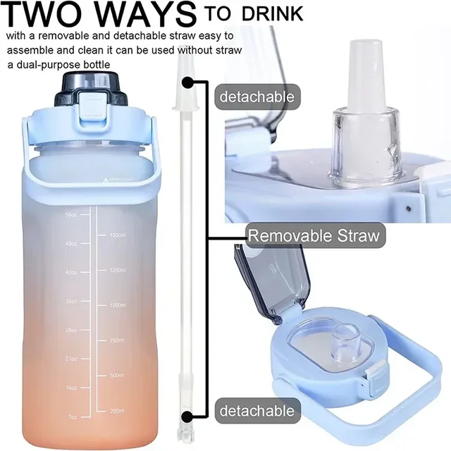 2L Large Capacity Plastic Water Bottle Time Scale Label Sticker Space Cup Spring Cap Painted Gradient Color Water Cup 3