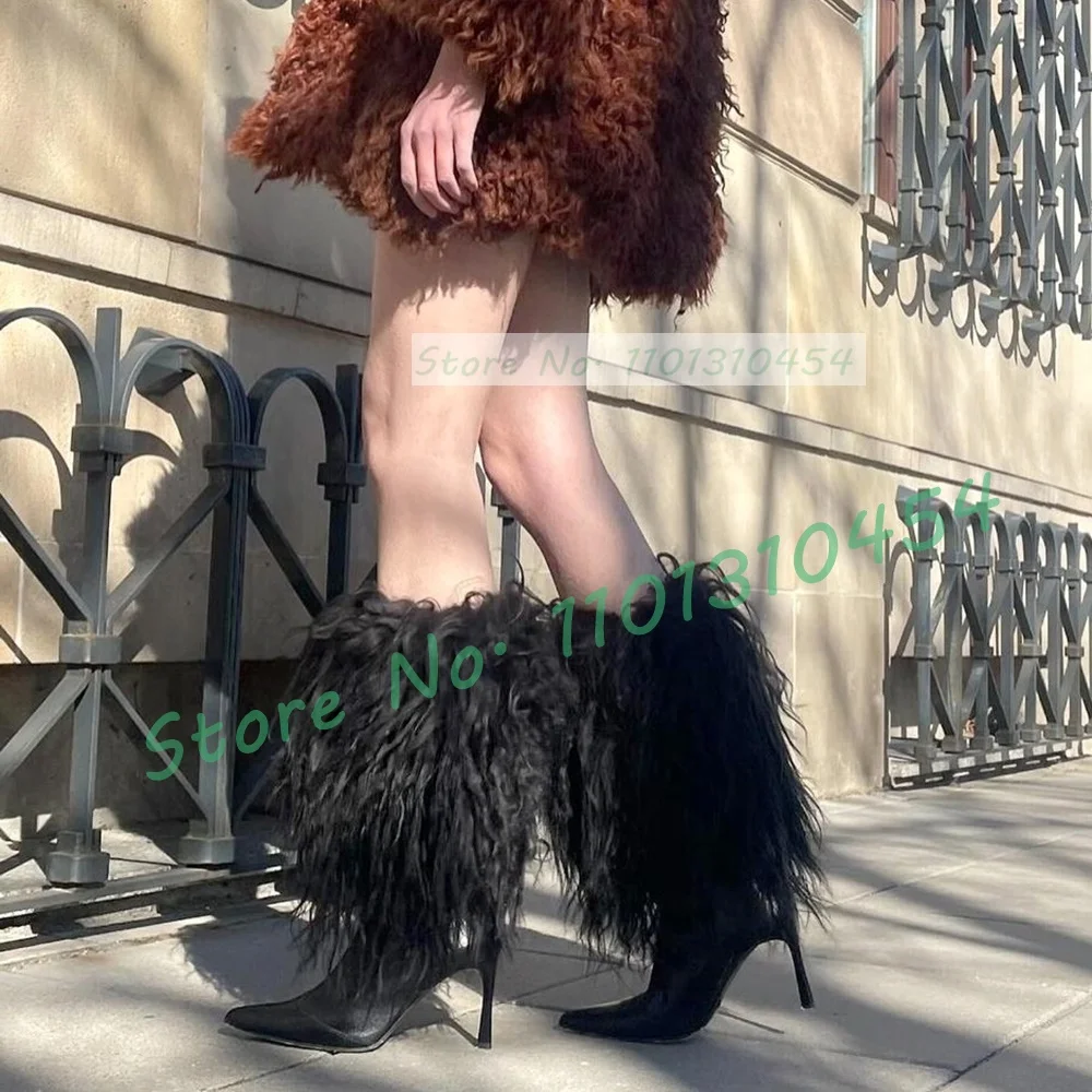 

Black Fur High Heels Mid-calf Boots Women Trendy Chic Pointed Toe Sexy Fluffy Boots Ladies Feminine Party Stiletto Heel Shoes