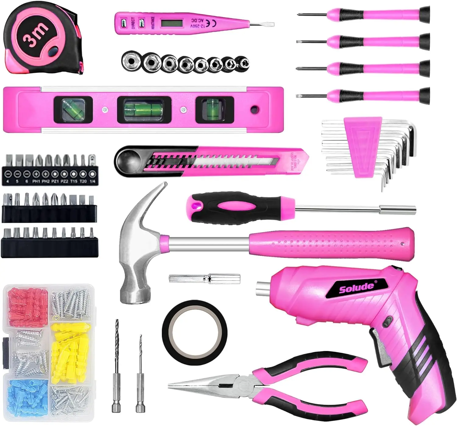 SOLUDE Pink Tool Set,130 Piece Women's Tool Kit for Home with 3.6V Cordless Rechargeable Screwdriver,Household Basic Toolkits 3