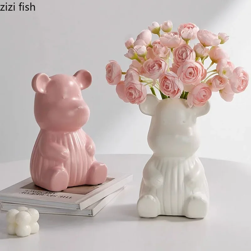 Creative Bear Ceramic Vase Dining Table Ornament Flower Arrangement Utensils Hydroponic Vase Living Room Aesthetic Decoration 3