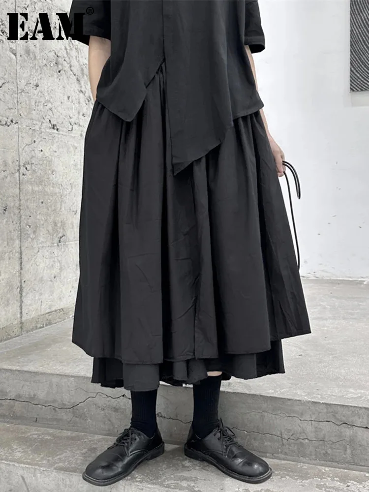 

[EAM] High Elastic Waist Black Double Layers Long Wide Leg Pants New Loose Fit Trousers Women Fashion Spring Autumn 2024 1DF7101