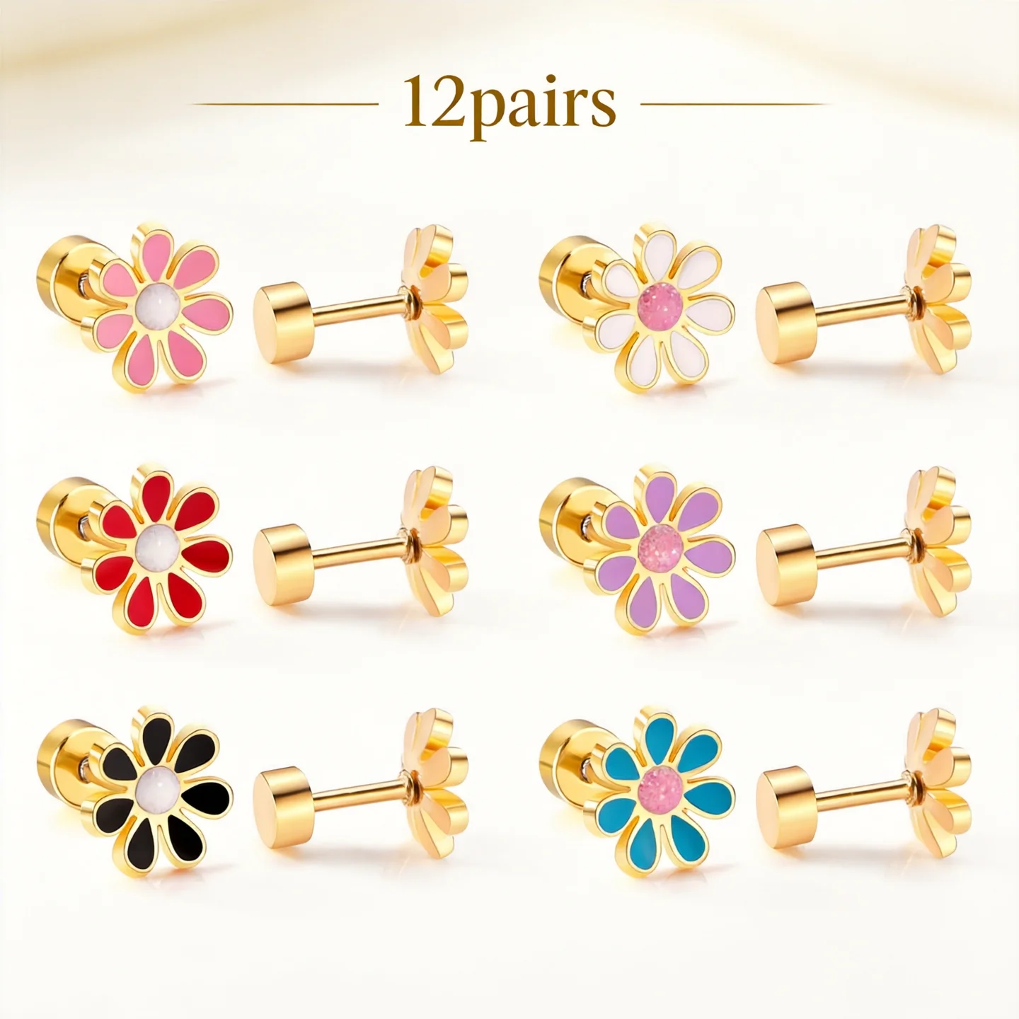 12 Paare/schachtel Blume Gänseblümchen Edelstahl Ohrstecker mit Glitzer trendige süße hypoallergene lässige Ohrringe Schmuck Geschenk 2024