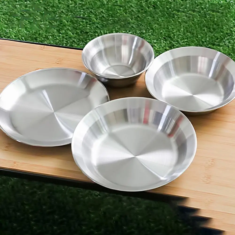 4Pcs/Set Camping Bowls Plates Portable 201 Stainless Steel Picnic Bowls