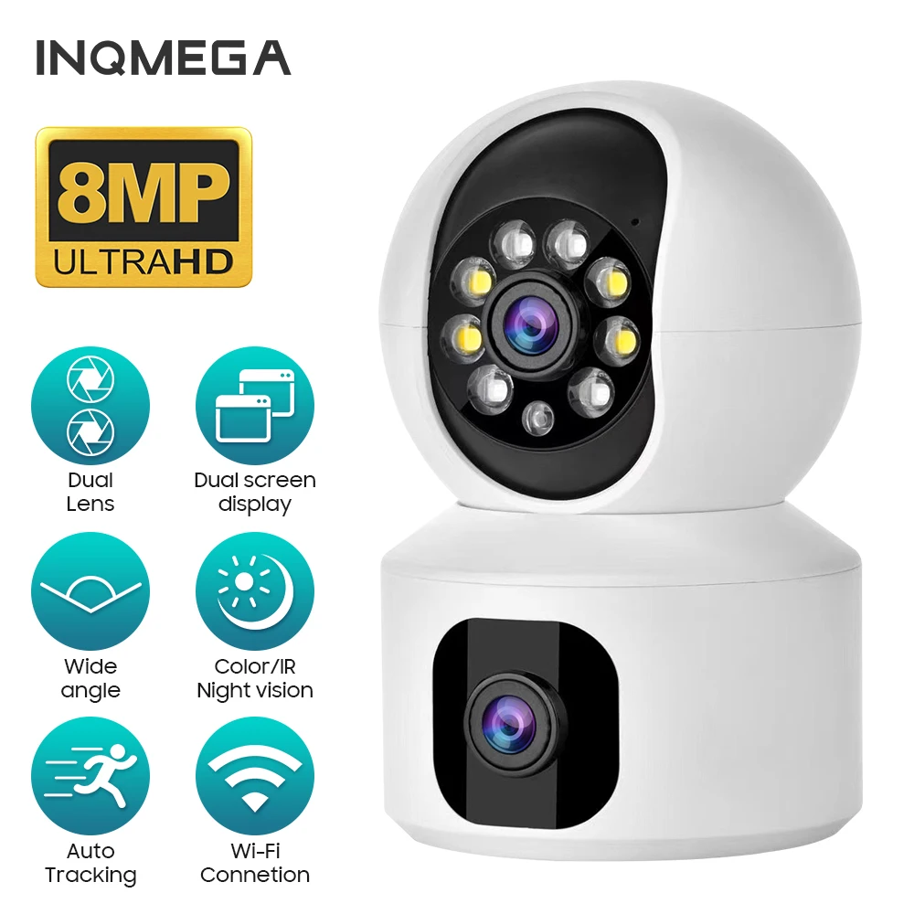 INQMEGA 4K 8MP Dual Lens Wifi Camera  Ultra Wide View Angle Human Detection Home Security Surveillance Panoramic CCTV IP Cam 8mm 2mp 1080p dual lens wifi endoscope side view