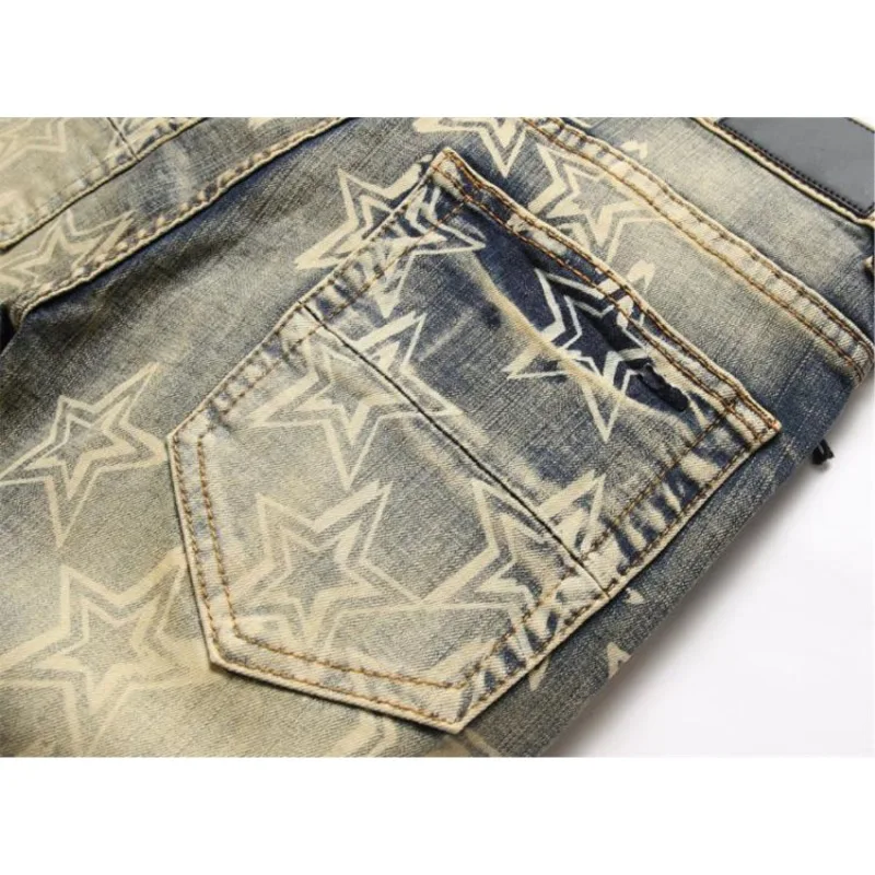 Men's Clothing Retro Nostalgic Knee Ripped Print Jeans Trendy Elastic Slim Fit Small Feet Baggy Jeans