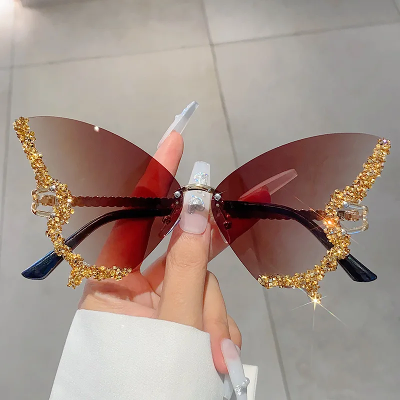 

Irregular Rimless Oversized Party Sunglasses New Large Frame Butterfly Studded Diamond Frameless Sunglasses Optical Eyewear