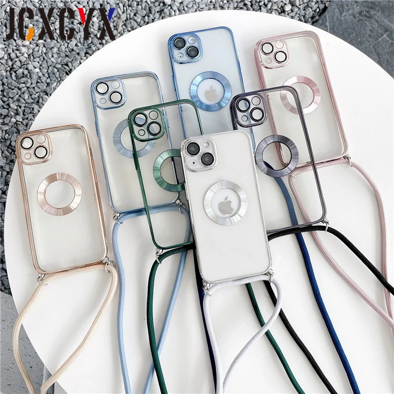 Luxury Plating Transparent Crossbody Necklace Lanyard Cord Soft Case For Iphone 14 13 12 11 Pro