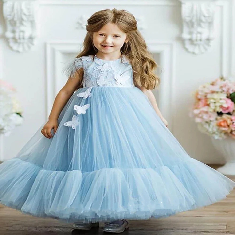 

Flower Girl Dresses Tulle Appliques Feathers Lovely Blue Round Collar A-line 2023 For Kids Ball Gown Children Party Communion
