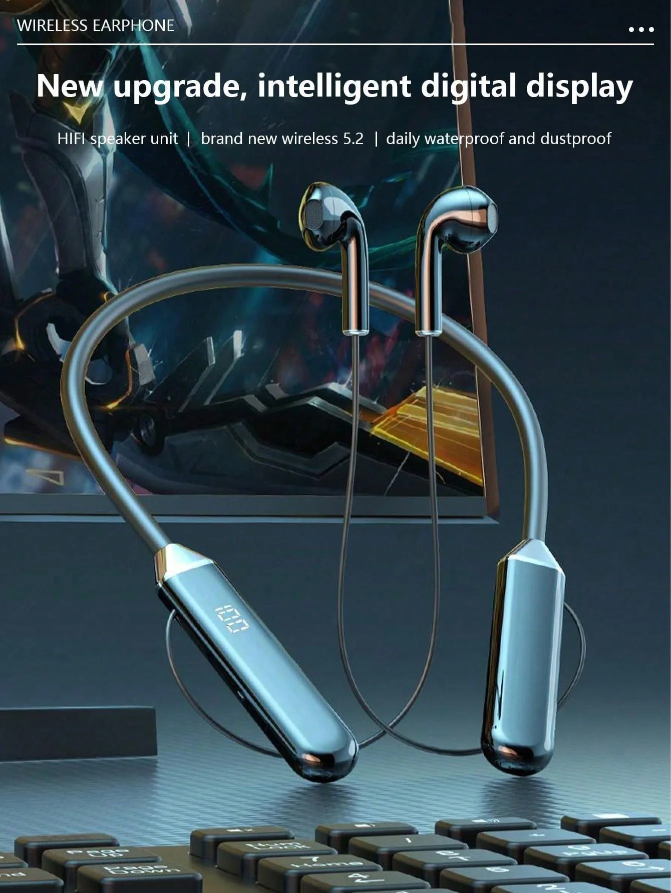 Smart digital display Bluetooth headset, rechargeable, long life, gaming/running neck wireless headset 4