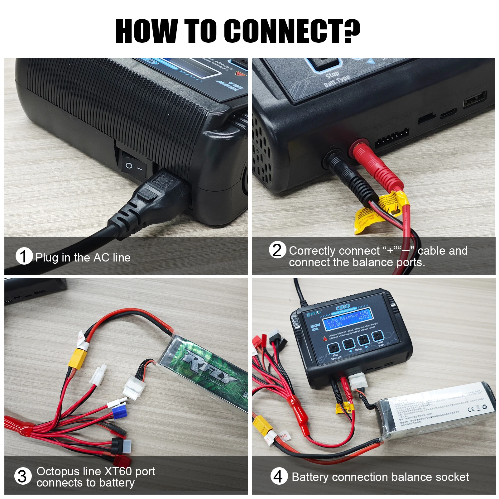 HTRC C150 RC Charger Balancer AC/DC 150W 10A Battery Discharger for LiPo LiHV LiFe Lilon NiCd NiMh Pb Batteri+8 in 1 Cables