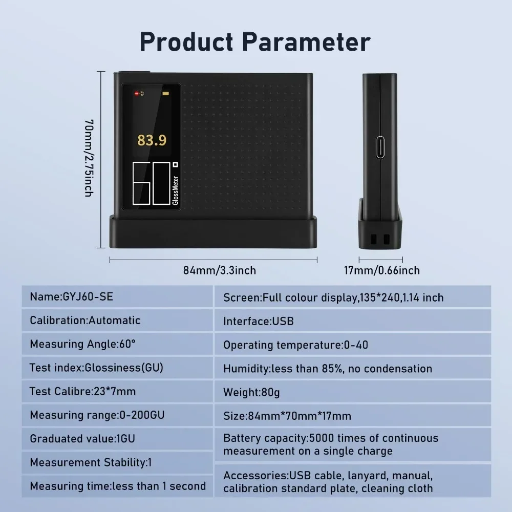 Gloss Meter 60° Glossmeter 1-200Gu, with LCD Digital Backlit and Auto Calibration for Glass Stone Tile Car USB Charging 6