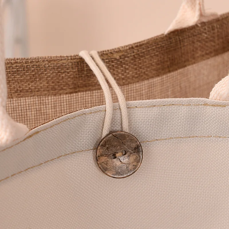 Sac fourre-tout en toile de jute avec bouton pour femme, sac à main cadeau de grande capacité, respectueux de l'environnement, sac à provisions réutilisable, sac en chanvre