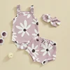 Baby Girl Summer Clothes Waffle Knit Floral Sleeveless Strap Romper Shorts Headband Infant Clothing Set 1