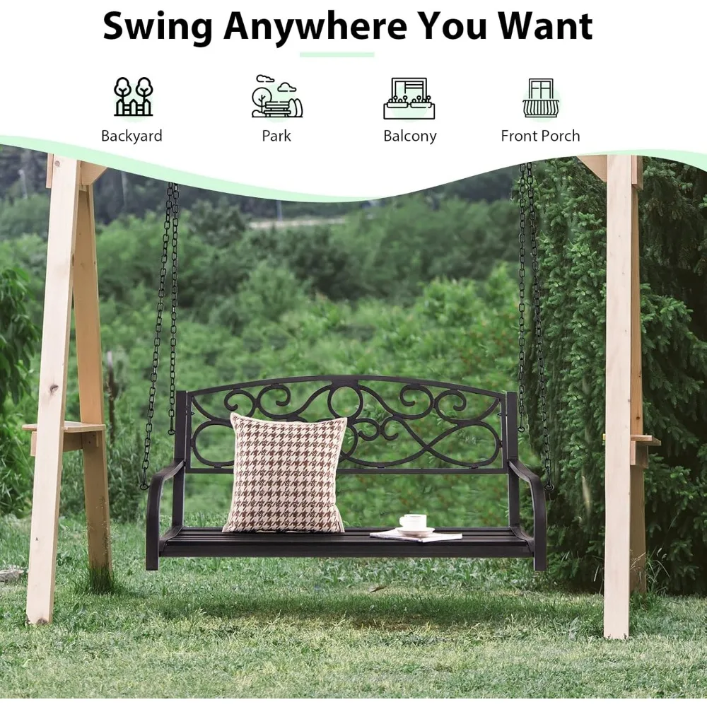 Metal Porch Swings 2 Person Outdoor Hanging Garden Bench, Wide Seat & Curved Armrests, 485 Lbs Weight, Patio Swings 4